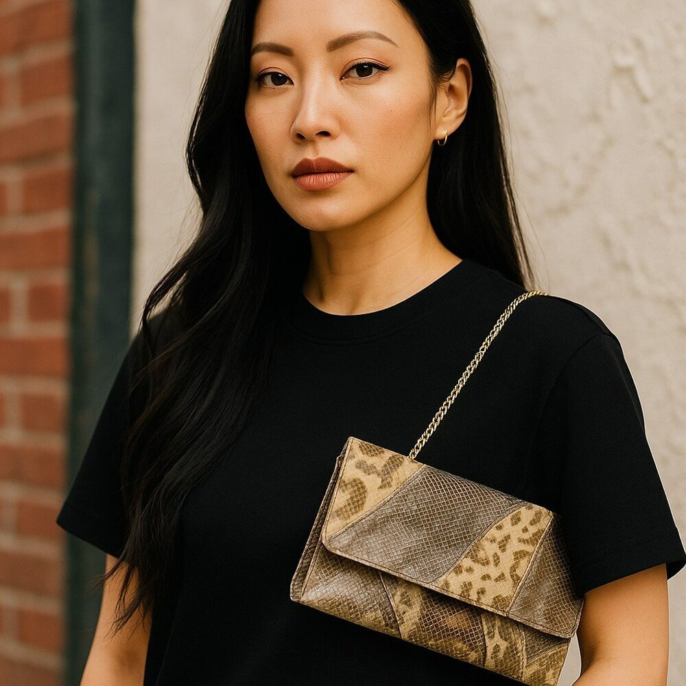 Carlos Falchi Patchwork Python Leather Front-Flap Clutch on Chain/VINTAGE - Picture 5 of 10